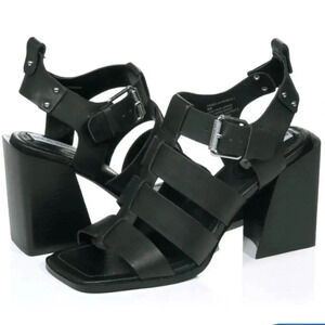 Steve Madden Tribeca Black Leather Chunky Heel Strappy Sandals Shoes Size 7.5